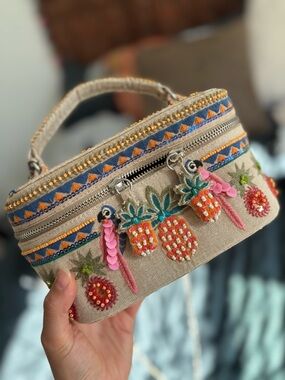 Zara Rigid Embroidered Pineapple & Parrot Top-Handle Cosmetic Case/Bag Beige